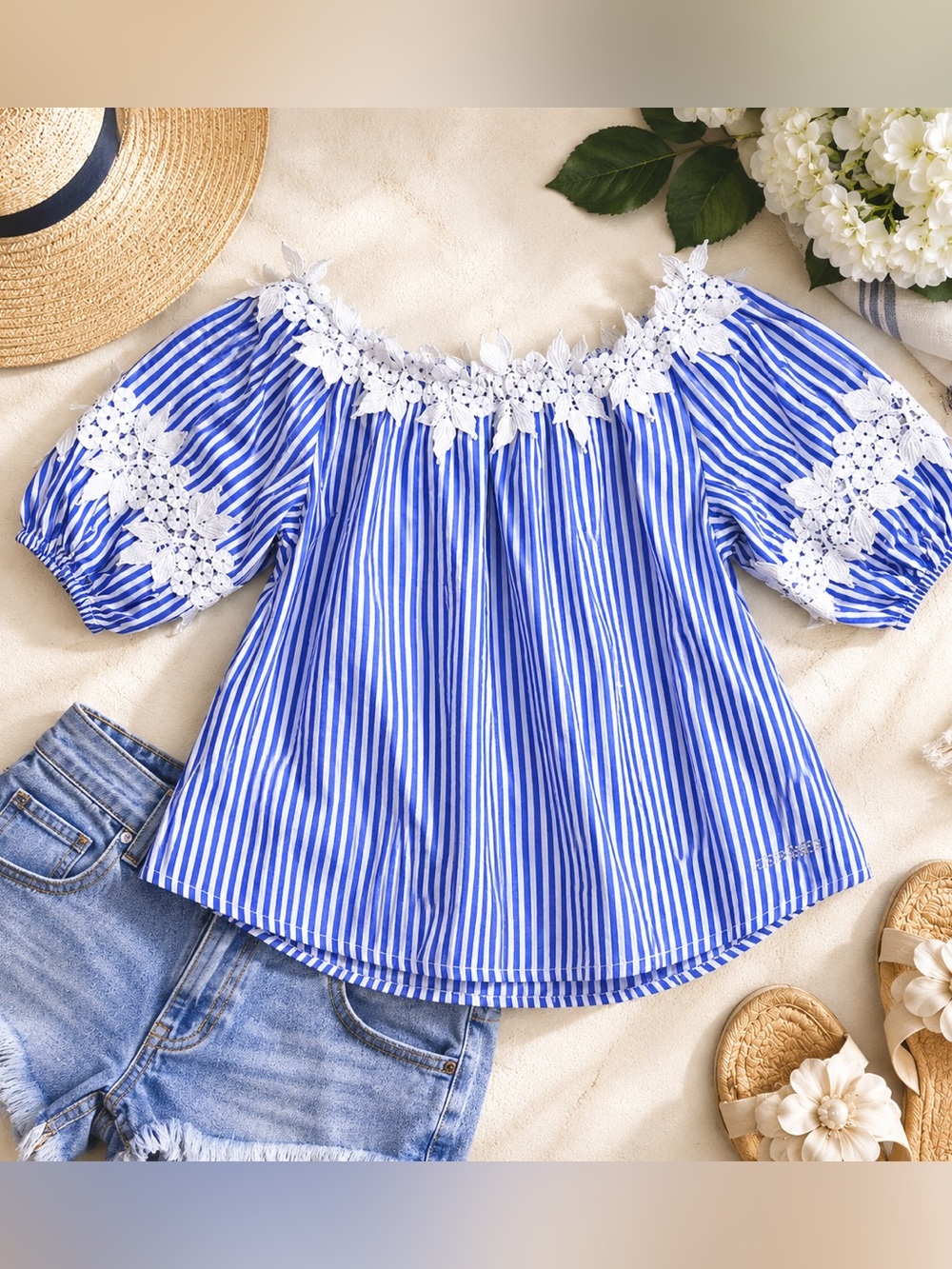 Bebe Girls Blue & White Stripe Floral Lace Top | Size M (10–12)